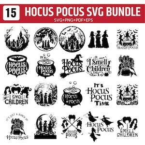 Peut inclure: Une collection numérique de 15 designs graphiques sur le thème Hocus Pocus en noir et blanc. L'ensemble comprend diverses silhouettes de trois sorcières, des chaudrons, des balais et des phrases comme Hocus Pocus, I Smell Children.