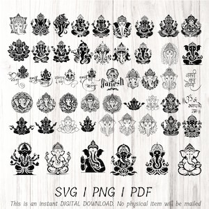 Bundle svg 51 culte indien Ganesha, autocollants, découpés au laser, Cricut, Silhouette, conception de t-shirt dieu indien, formats SVG, PNG et PDF