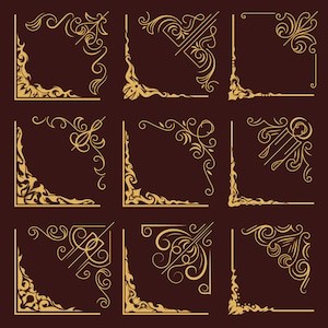 May include: Set of nine gold ornate corner designs, perfect for adding a vintage touch to your digital or printed projects.