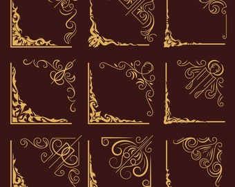 Gold Gilded Vintage Corner Borders | Ornamental Clipart | png SVG DXF pdf | Digital Frames for Wedding Invitations, Scrapbooking DIY Crafts