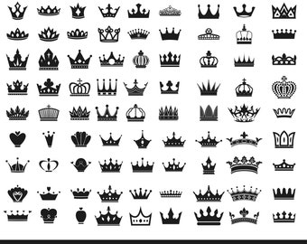 May include: A set of 70 black and white crown icons. The crowns are in various styles, including simple, ornate, and regal.