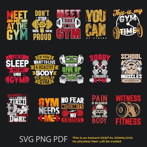 Paquete de imágenes PNG y SVG de motivación para el gimnasio / Frases para entrenamiento físico (descarga digital)