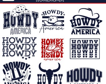 Howdy America SVG Bundle, Western Cowboy hat, Patriotic USA Rodeo Shirt Design, Country Western Clipart, Cricut PNG cut Files digital