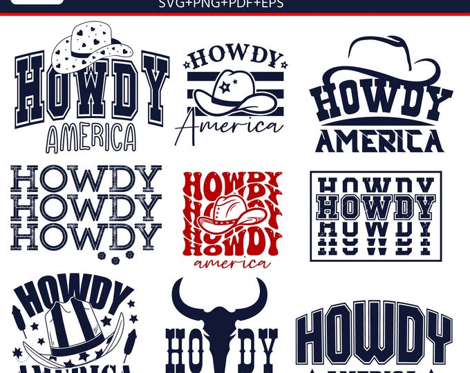 Howdy America SVG Bundle, Western Cowboy hat, Patriotic USA Rodeo Shirt Design, Country Western Clipart, Cricut PNG cut Files digital