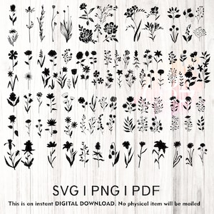 Flores silvestres SVG, Floral SVG, Flor silvestre SVG, Boceto de flores SVG, Paquete de siluetas, Archivos de silueta de flores, Corte fácil, Descarga instantánea