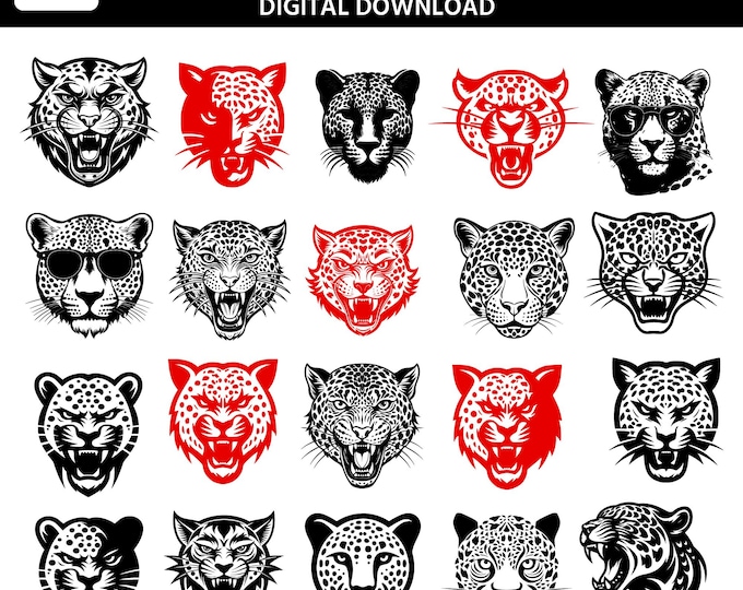 Leopard svg Bundle | 20 Leopard Face Vector Designs | Wild Cat Head SVG Bundle | Leopard Clipart for Cricut, Silhouette, Laser Engraving
