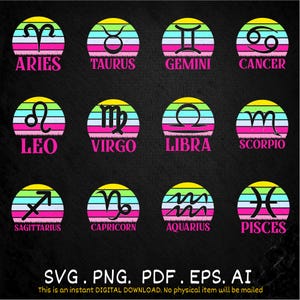 Pacote SVG de signos do zodíaco retrô, signos de constelação svg dtf htv, signo do zodíaco svg, astrologia htv svg, áries svg, escorpião svg, clipart do zodíaco