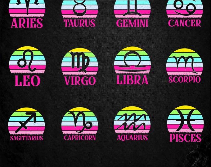 Retro Zodiac Signs SVG Bundle,  Constellation Signs svg dtf htv , Zodiac sign Svg, HTV Astrology Svg, Aries svg, Scorpio Svg, Zodiac Clipart