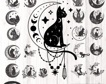 Black Cat Under the Moon SVG Bundle | Celestial Cat Clipart for Crafts | Instant Download