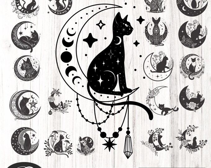 Floral Cat Moon SVG Bundle | Magical Celestial Cat with Flowers | Black Cat SVG | Cat Flower Clipart | cat  Cut Files | cat celestial svg