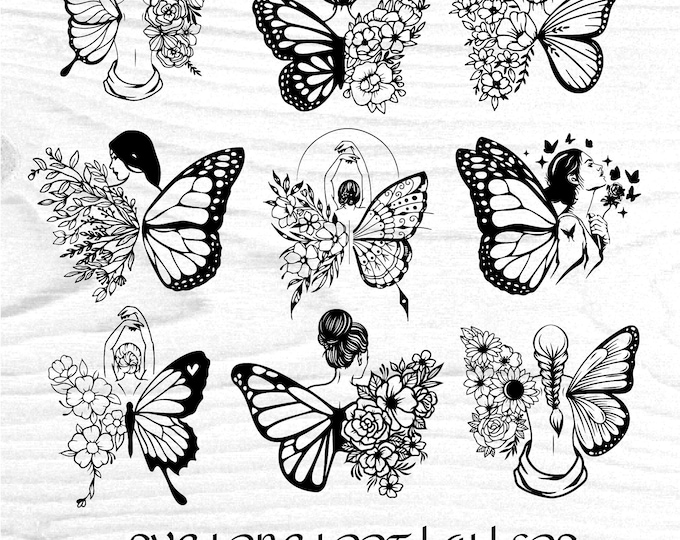 Girl with Butterfly wings SVG bundle: Floral Angel Wings Clipart (Digital Download)