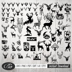 75 Deer Bundle Svg, Cervo Svg, File Svg di cervi della natura, File Svg di montagne, Animali Svg, Silhouette di cervo, Clipart di cervo, Vettore di cervo