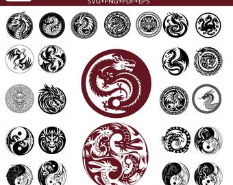30 Tribal Dragon Head SVG Bundle,Laser Engraving (Digital Download) Dragon Stickers, Gothic Fantasy Clipart, Mythical Creature Designs