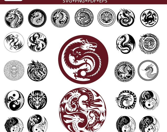35 Dragon SVG Bundle, Tribal Dragon, Fantasy Dragon Clipart, Dragon Head Vector Files, Laser Engraving Designs, Cricut & Glowforge