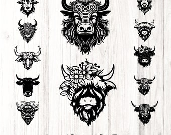 Highland Cow SVG Bundle | Boho Cow Head svg png pdf Cut Files | Floral Bull Cricut Design | Farmhouse Western Clipart | Laser Cut CNC Files