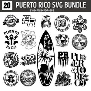 May include: A digital collection of 20 black and white Puerto Rico themed graphic designs in SVG, PNG, PDF, and EPS formats. The bundle features various illustrations including a surfboard, coqui frogs, hibiscus flowers, and text.