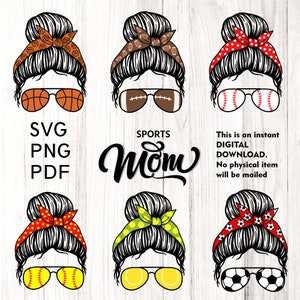 Chignon désordonné de maman sportive SVG. Femmes avec bandana, lunettes de soleil bandeau Messy Bun PNG, Design par sublimation, Messy Bun Png, fichier coupe maman Télécharger