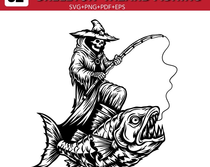 Skeleton Wizard Fishing SVG Bundle | Grim Reaper Fishing | Fantasy Skeleton Angler Digital Download | Gothic Fisherman Cricut Design