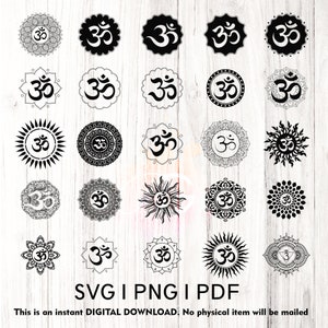 Pacchetto Mandala con simbolo Aum, Mandala di meditazione, download digitale del file di taglio om, svg, png, sanscrito, mantra, istantaneo, silhouette scura