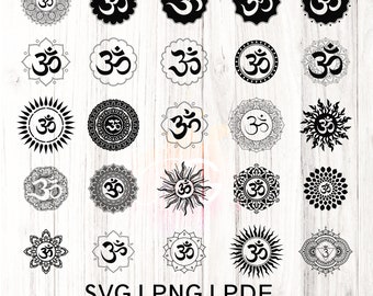 オームマンダラSVGバンドル、オームシンボルヨガカットファイル（SVG、PNG、PDF）