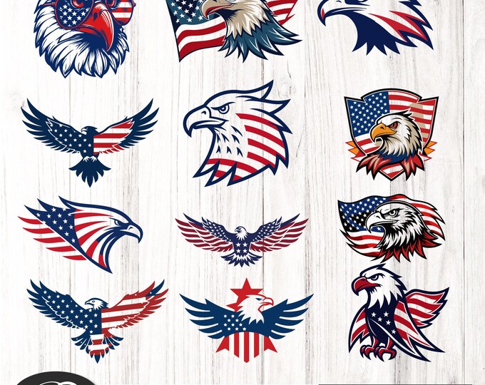 12 Eagle with USA Flag Svg  PNG DTF bundle, Patriotic Clipart Vector Image,  eagle t shirt png, Sublimation Design, American flag svg