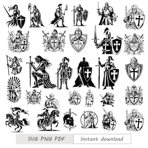 May include: A set of black and white illustrations depicting medieval knights. The images show knights with swords, shields, and helmets, some on horseback. Text at the bottom reads "SVG PNG PDF" and "Instant download".