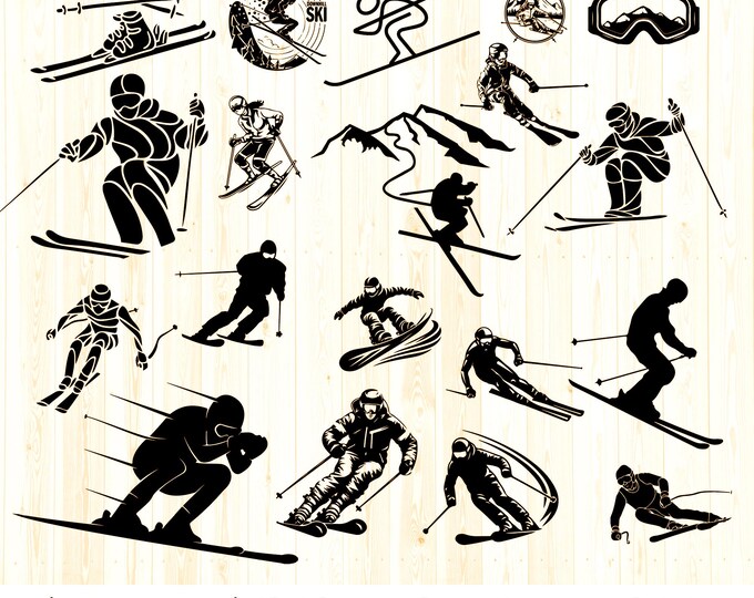 19 Skiing SVG Bundle | 87 Winter Sports Cut Files for Cricut & Silhouette | Ski Helmet, Goggles, Snowboard, Heartbeat Skier SVG