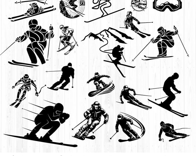 19 Skiing SVG Bundle | 87 Winter Sports Cut Files for Cricut & Silhouette | Ski Helmet, Goggles, Snowboard, Heartbeat Skier SVG