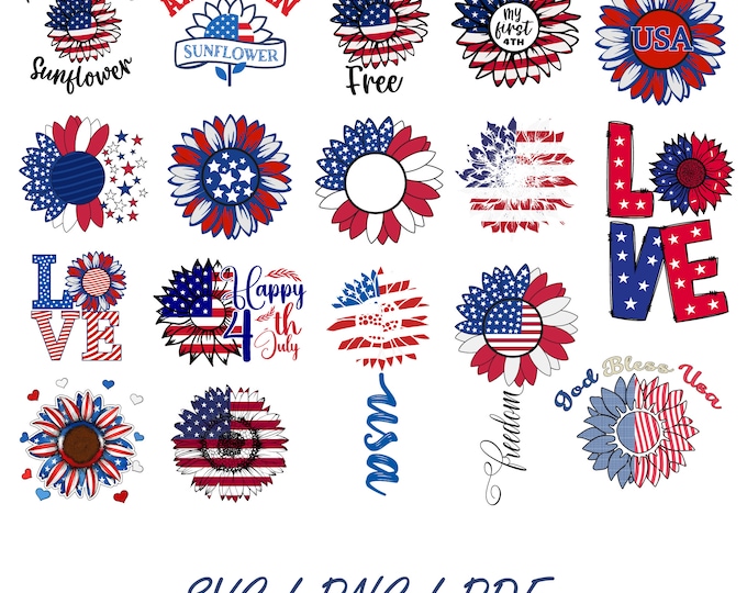 USA flag sunflower, 4th of July Sunflower design Bundle, America svg, USA Flag svg, Patriotic, Independence Day Shirt, USA flag sublimation