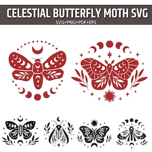 Puede incluir: Un conjunto gráfico digital titulado CELESTIAL BUTTERFLY MOTH SVG que presenta dos ilustraciones grandes de polillas rojas y cuatro polillas negras más pequeñas. Cada polilla está rodeada de motivos celestiales, lunas y estrellas.