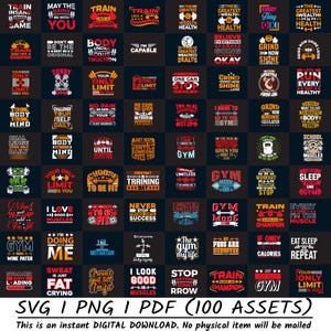 Paquete de 100 SVG PNG de entrenamiento en PDF, paquete de PNG de gimnasio, paquete de PNG de camisetas de fitness, paquete de PNG motivacional, frases para camisetas de entrenamiento, archivo de corte de gimnasio