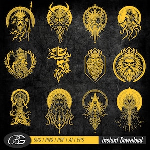 以下が含まれることがあります： 暗い質感の背景に、それぞれユニークな王冠、光輪、またはヘッドウェアを持つ、12の金色のひげを生やした人物のイラストのコレクション。デザインは、詳細な肖像画から様式化された描写まで、スタイルが異なります。画像には「SVG | PNG | PDF | AI | EPS」と「instant Download」の文字が含まれています。