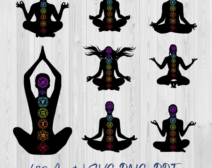 7 Chakras girl SVG, Namaste Clipart, Yoga SVG, Chakra Symbols SVG, Meditation cut file, Digital Cut File,  Cricut Silhouette Eps Png Dxf