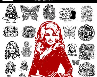 Dolly Parton SVG Bundle, Country Music Quotes, Floral Artwork, Western Country girl, Country Singer Png, Crciut