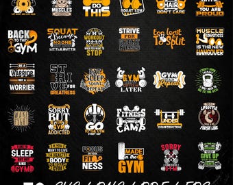 Bundel met 30 SVG-afbeeldingen voor de sportschool, fitnesscitaten en motiverende ontwerpen (digitale download)