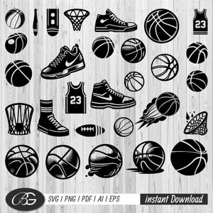 Paquete SVG PNG de elementos de baloncesto, logotipo del equipo, archivos Cricut, archivos Silhouette, archivos de corte, archivos PNG para Silhouette, Cricut, plotter de corte