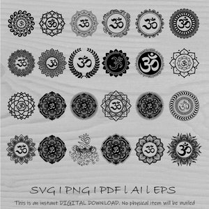 Pacchetto Mandala con simbolo Aum, Mandala di meditazione, Download digitale di file di taglio Mandala yoga, svg, png, sanscrito, mantra, istantaneo, silhouette scura
