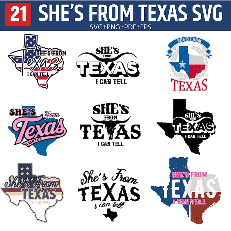 Collage preview image showing nine different “She’s From Texas I Can Tell” SVG design variations arranged on a light background, including multiple Texas state outline graphics filled with American flag patterns in red, white, and blue, bold western typography styles, script fonts, distressed lettering, bull skull with longhorns integrated into the word Texas, layered badge style emblem with ribbon banner, black silhouette versions for vinyl cutting, colorful retro pink and blue design