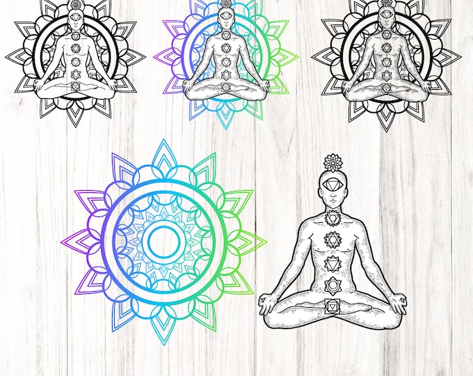7 Chakras SVG, Namaste Clipart, Yoga SVG, Mandala Svg, Chakra Symbols SVG, Meditation Vector, Digital Cut File Cricut Silhouette Eps Png Dxf