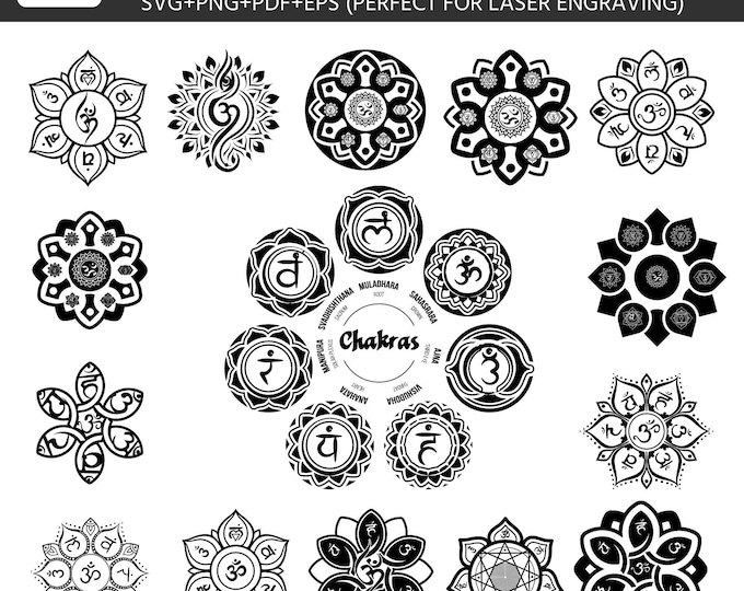 Chakra SVG Bundle, 7 Chakras Mandala, Sacred Geometry Yoga Spiritual Symbols, Laser Engraving Files, Glowforge CNC, Printable Wall Art
