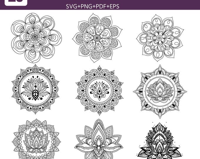 25 Lotus Mandala SVG Bundle | Floral Mandala SVG Cut Files | Lotus Flower PNG Clipart | Boho Spiritual Mandala Cricut | Laser Cut Designs