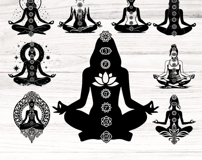 7 Chakras girl yoga SVG bundle, chakras Clipart , Yoga SVG, Chakra Symbols SVG, Meditation, Digital Cut File, Cricut Silhouette Eps Png Dxf