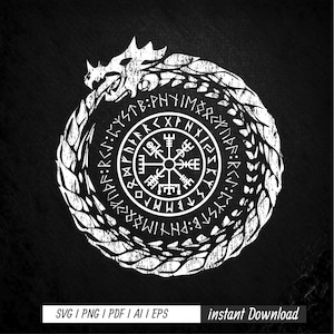 May include: White Viking symbol design on a black background. The design features a circular emblem with runes and a central compass-like symbol, encircled by a dragon or serpent. The text "SVG | PNG | PDF | AI | EPS" and "instant Download" are at the bottom.