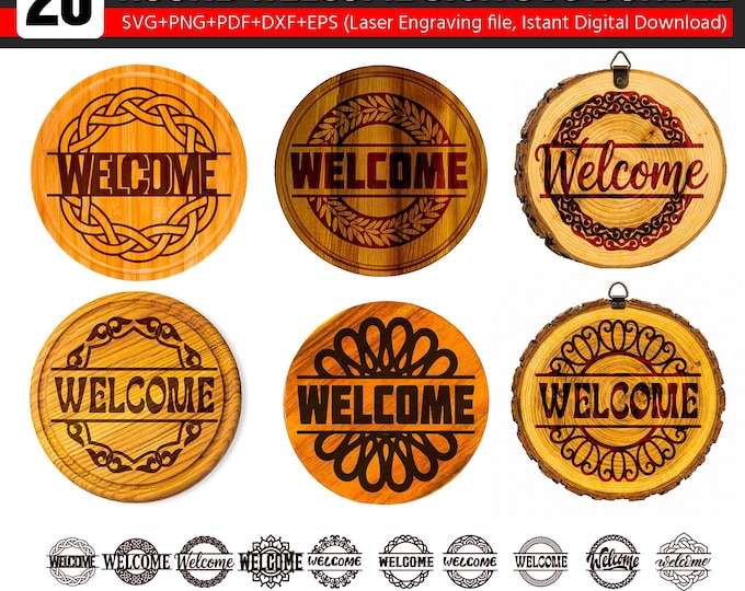 20 Round Welcome Sign SVG Bundle | Laser Engraving SVG Files | Welcome Door Sign Wood Engraving | Glowforge LightBurn Wood Wall Art
