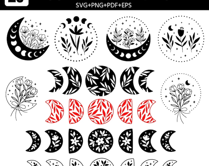 Moon Phase SVG Bundle | Crescent Moon | Botanical Lunar Phases Cut Files | Boho Celestial Cricut & Silhouette Design | Laser Engraving