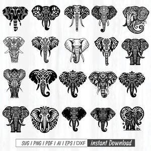 May include: A collection of black and white elephant designs in various styles. Each elephant illustration features intricate patterns and details, suitable for digital art projects. The image includes file format information and the words "instant Download".