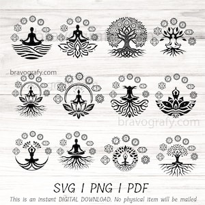 Paquete SVG de raíz de árbol de los 7 chakras, imágenes prediseñadas de chakras, SVG de yoga, SVG de símbolos de chakras, meditación, archivo de corte digital, silueta de Cricut, EPS, PNG, DXF