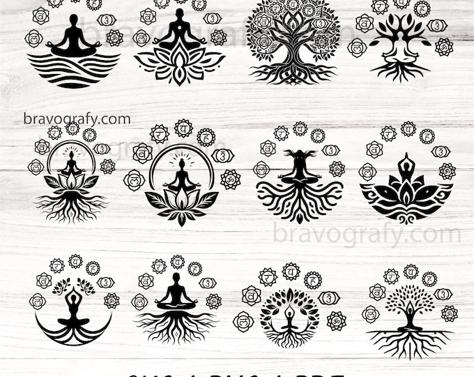 7 Chakras tree root SVG bundle, chakras Clipart , Yoga SVG, Chakra Symbols SVG, Meditation, Digital Cut File,  Cricut Silhouette Eps Png Dxf