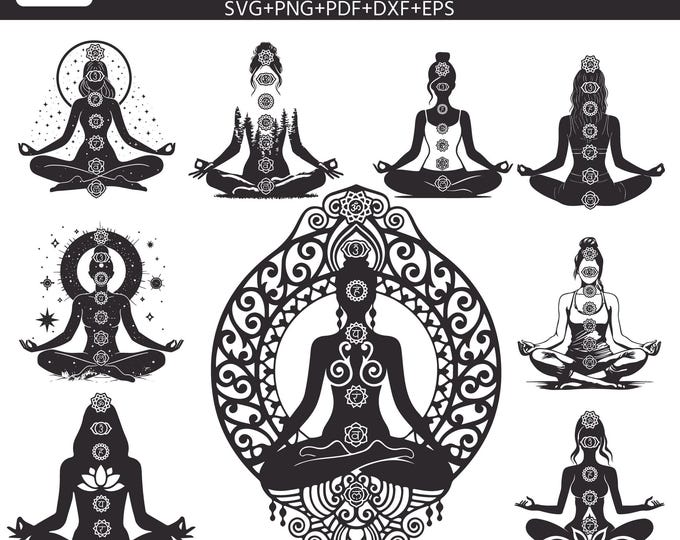 7 Chakras Girl Yoga SVG Bundle | Chakra Symbols Meditation Clipart | Spiritual Meditation Cut Files for Cricut & Silhouette
