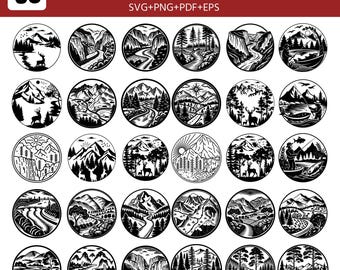 30 Mountain Landscape SVG Bundle, Nature Laser Engraving Designs, Forest River Waterfall Wildlife Medallions, Rustic Outdoor Wall Art